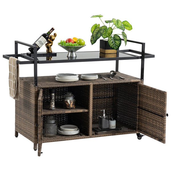 English Elm Outdoor Wicker Bar Cart - Rolling Rattan Beverage Trolley with Tempered Glass Top, Wheels, Storage (Light Brown) W640141441