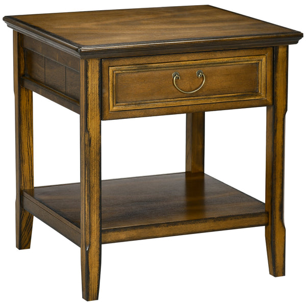 English Elm Side Table Farmhouse End Table with X-Frame, Drawer & Open Shelf Storage, Durable Engineered Wood Design Dark Coffee W2225142093