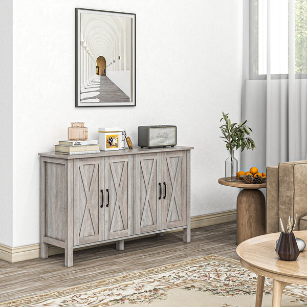 English Elm Buffet Rustic 47" Sideboard with 4 X-Brace Barn Doors, Adjustable Shelves, Gray Wood Grain Storage W2225142097