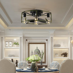 English Elm 19" Green Industrial Ceiling Fan with Light, Flush Mount Rustic Caged 3-Blade DC Fan with Remote, 6-Speed Silent Reversible Motor, 4-Bulb Compatible, Preassembled, Timer Functions W1340137045