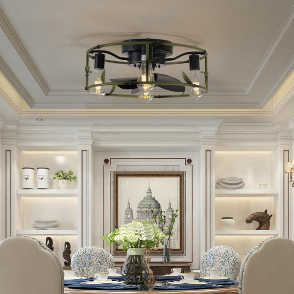 English Elm 19" Green Industrial Ceiling Fan with Light, Flush Mount Rustic Caged 3-Blade DC Fan with Remote, 6-Speed Silent Reversible Motor, 4-Bulb Compatible, Preassembled, Timer Functions W1340137045