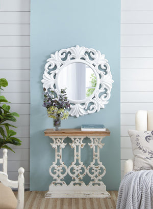 English Elm 32" Whitewashed Iron Scrollwork Console Table Warm Fir Top Narrow Entryway Accent W2078141935