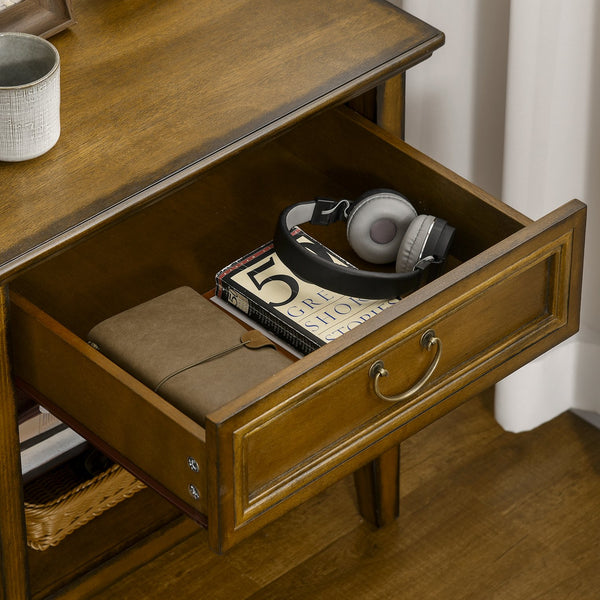 English Elm Side Table Farmhouse End Table with X-Frame, Drawer & Open Shelf Storage, Durable Engineered Wood Design Dark Coffee W2225142093