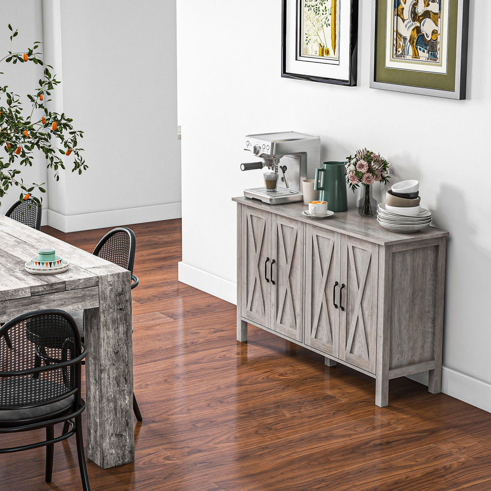 English Elm Buffet Rustic 47" Sideboard with 4 X-Brace Barn Doors, Adjustable Shelves, Gray Wood Grain Storage W2225142097