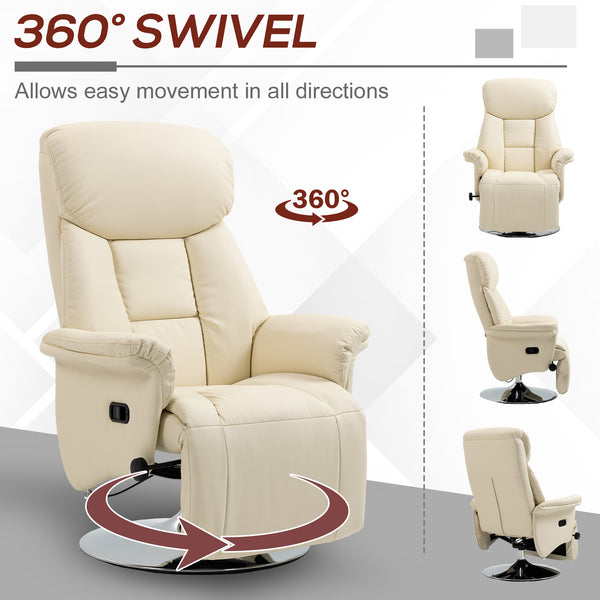 English Elm Manual Recliner Chair 360° Swivel PU Leather Recliner with Footrest, Padded Arms, Steel Base—Cream White W2225142096