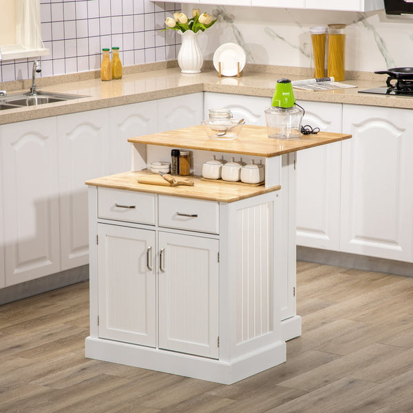 English Elm Kitchen Two-Tier Island Table with Rubber Wood Top, Adjustable Shelves, Drawers & Cabinets, White W2225S00022