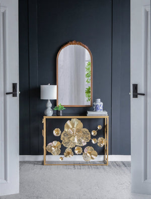 English Elm 39.5" Gold Iron Console Table Mirrored Top Floral Scrollwork Slim Entryway Foyer W2078141937