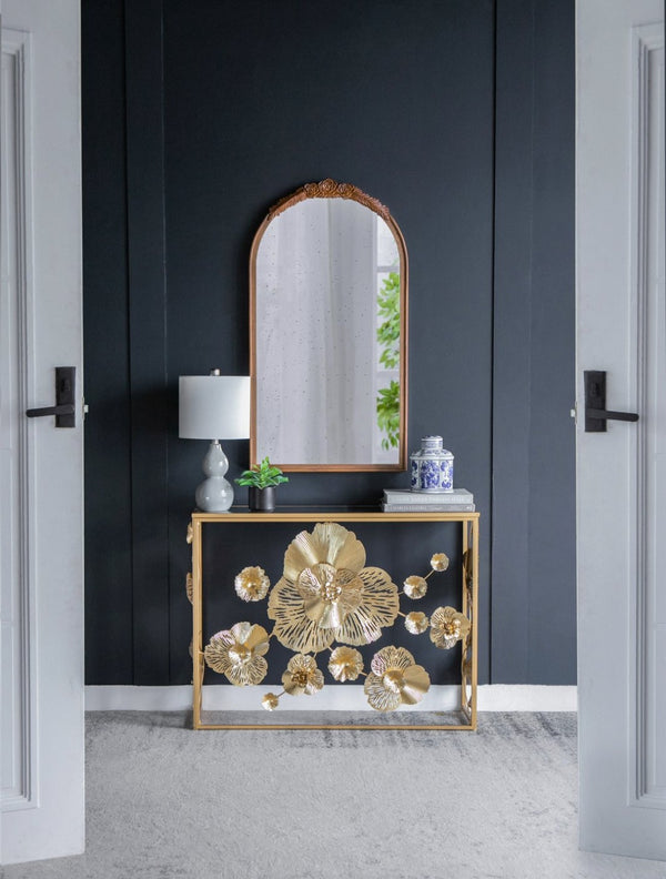 English Elm 39.5" Gold Iron Console Table Mirrored Top Floral Scrollwork Slim Entryway Foyer W2078141937