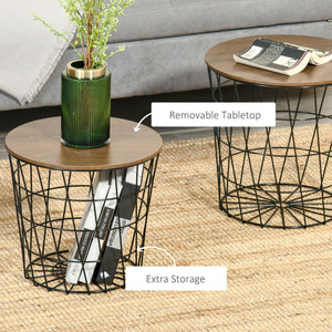 English Elm End Tables Set of 2 Nesting with Removable Tray Tops & Hidden Storage, Round Metal Accent Tables (Black) W2225142092