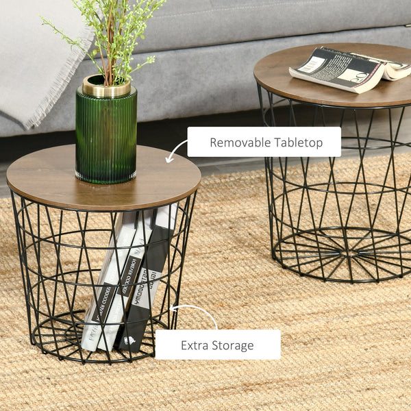 English Elm End Tables Set of 2 Nesting with Removable Tray Tops & Hidden Storage, Round Metal Accent Tables (Black) W2225142092