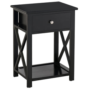 English Elm Side Table Farmhouse End Table with X-Frame, Drawer & Open Shelf Storage, Durable Engineered Wood Design Black W2225142073