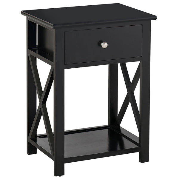 English Elm Side Table Farmhouse End Table with X-Frame, Drawer & Open Shelf Storage, Durable Engineered Wood Design Black W2225142073