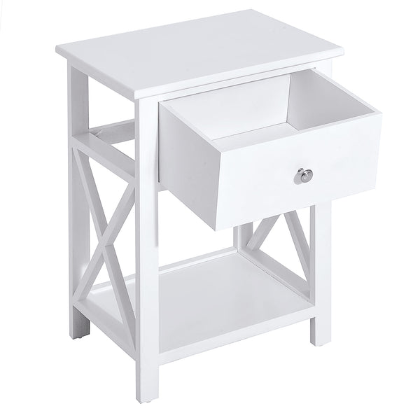 English Elm Side Table Farmhouse End Table with X-Frame, Drawer & Open Shelf Storage, Durable Engineered Wood Design White W2225142074