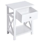 Farmhouse Side Table with Storage Drawer, Open Shelf & X-Frame, White