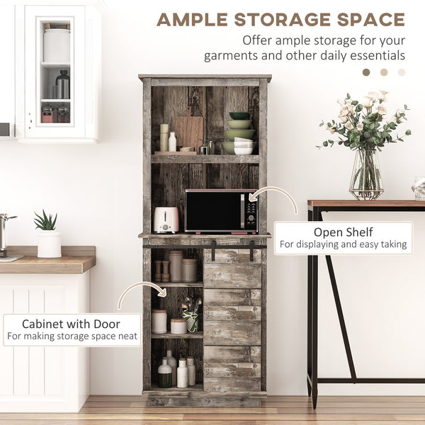 English Elm Freestanding Rustic Kitchen Buffet with Hutch and Sliding Barn Door Pantry, 5-Tier Adjustable Storage, Vintage Wood W2225142091