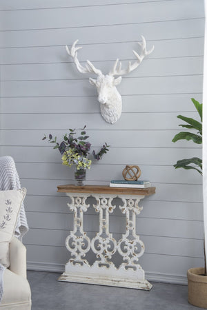 English Elm 32" Whitewashed Iron Scrollwork Console Table Warm Fir Top Narrow Entryway Accent W2078141935
