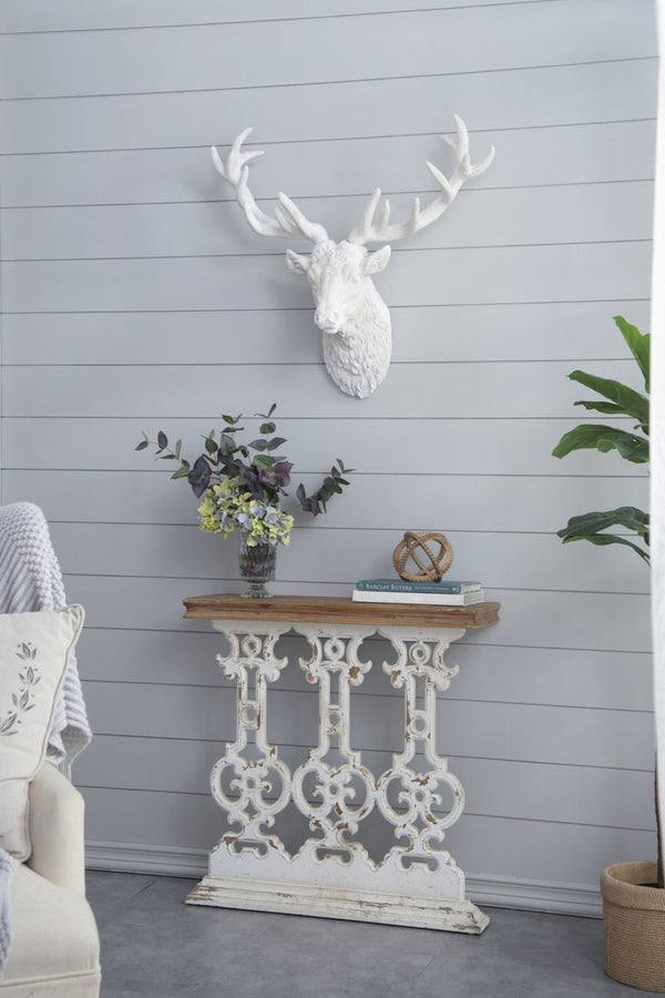 English Elm 32" Whitewashed Iron Scrollwork Console Table Warm Fir Top Narrow Entryway Accent W2078141935