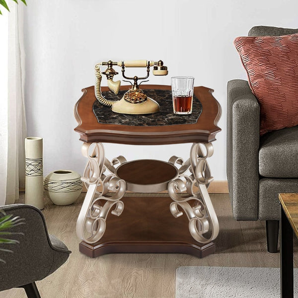 English Elm End Table with Marble Effect Top Birch Shelf and Ornate Serpentine Metal Legs W1708135330