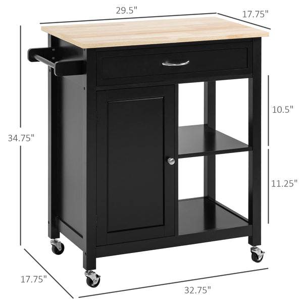 English Elm Kitchen Island Cart with Solid Wood Top, Rolling Storage Cabinet, Drawer, Towel Rack & Wheels for Dining Black W2225142064