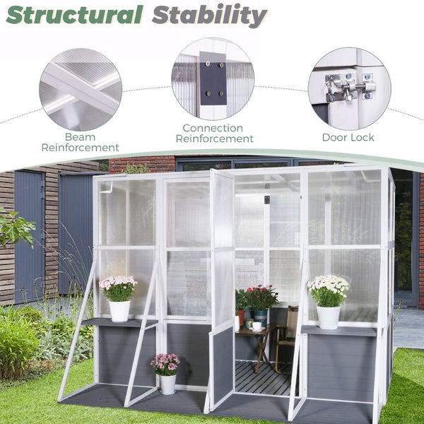 English Elm Greenhouse, Wooden Lean to Walk in Design with Polycarbonate Panels for Year Round Growing W1850S00005