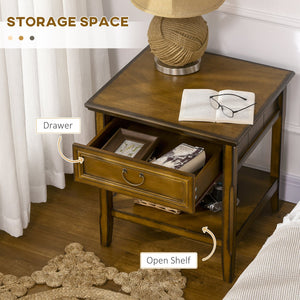 English Elm Side Table Farmhouse End Table with X-Frame, Drawer & Open Shelf Storage, Durable Engineered Wood Design Dark Coffee W2225142093
