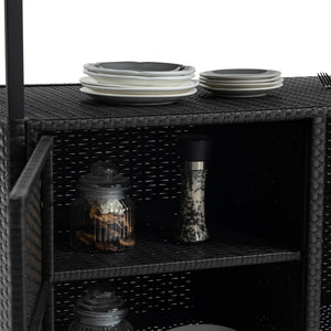English Elm Outdoor Wicker Bar Cart with Glass Top — Rolling Rattan Beverage Trolley, Weatherproof Patio Server, Black W640140573