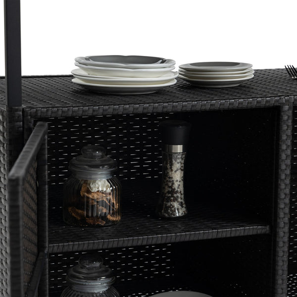English Elm Outdoor Wicker Bar Cart with Glass Top — Rolling Rattan Beverage Trolley, Weatherproof Patio Server, Black W640140573