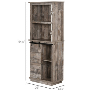 English Elm Freestanding Rustic Kitchen Buffet with Hutch and Sliding Barn Door Pantry, 5-Tier Adjustable Storage, Vintage Wood W2225142091