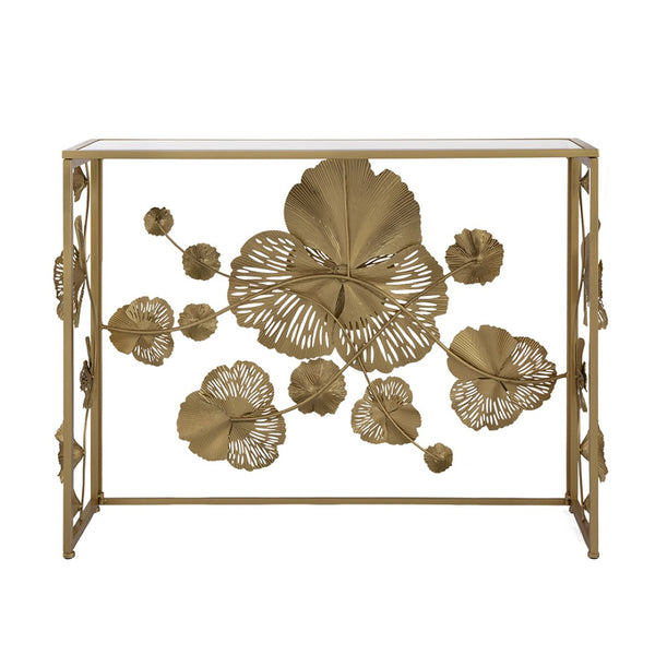 English Elm 39.5" Gold Iron Console Table Mirrored Top Floral Scrollwork Slim Entryway Foyer W2078141937