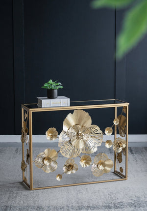 English Elm 39.5" Gold Iron Console Table Mirrored Top Floral Scrollwork Slim Entryway Foyer W2078141937
