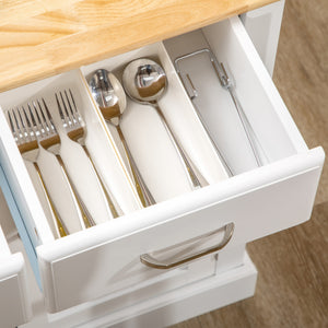 English Elm Kitchen Two-Tier Island Table with Rubber Wood Top, Adjustable Shelves, Drawers & Cabinets, White W2225S00022