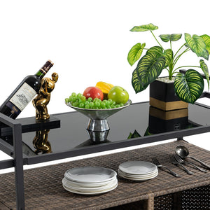 English Elm Outdoor Wicker Bar Cart - Rolling Rattan Beverage Trolley with Tempered Glass Top, Wheels, Storage (Light Brown) W640141441