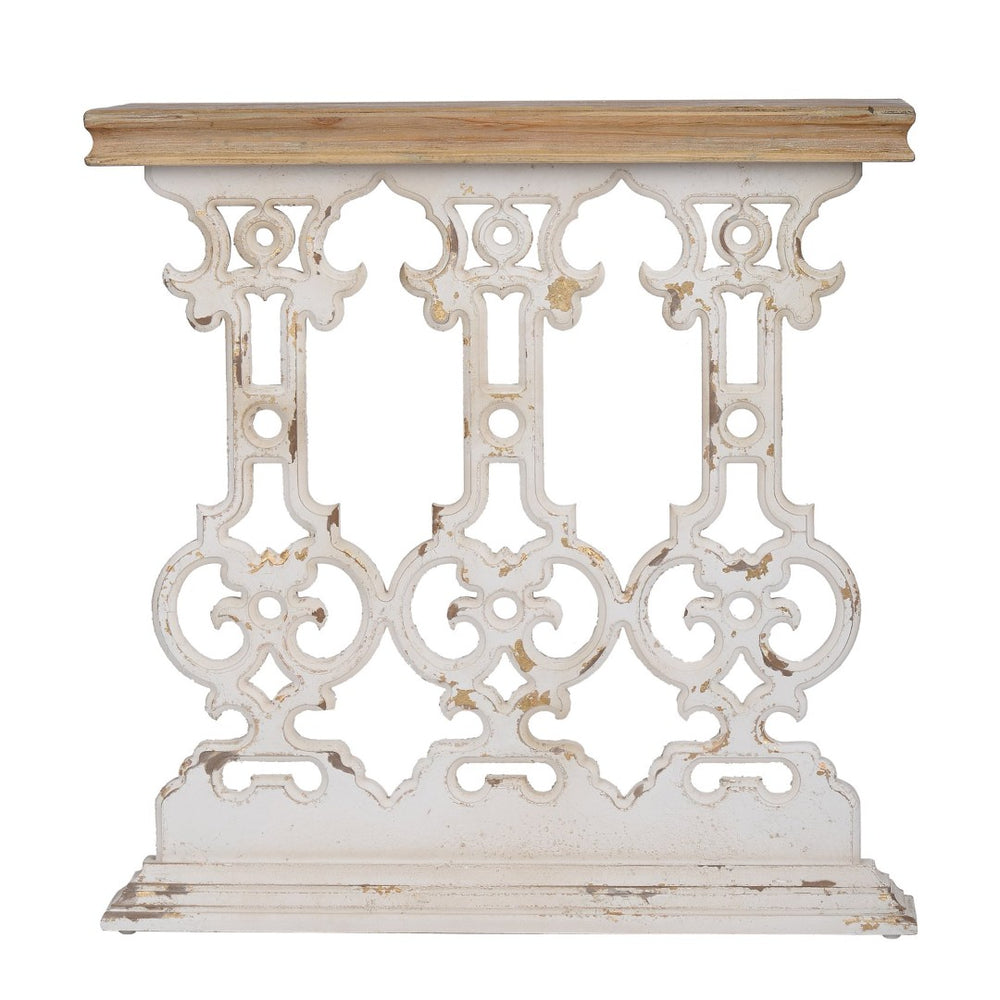 English Elm 32" Whitewashed Iron Scrollwork Console Table Warm Fir Top Narrow Entryway Accent W2078141935