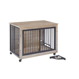 English Elm Furniture Style Dog Crate Side Table With Rotatable Feeding Bowl, Wheels, Three Doors, Flip-Up Top Opening. Indoor, Grey, 38.58"W X 25.2"D X 27.17"H