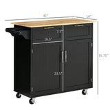 English Elm 41" Modern Rolling Kitchen Island On Wheels, Utility Cart Storage Trolley With Rubberwood Top & Drawers, Black