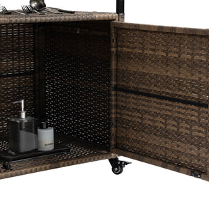 English Elm Outdoor Wicker Bar Cart - Rolling Rattan Beverage Trolley with Tempered Glass Top, Wheels, Storage (Light Brown) W640141441