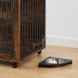 English Elm Furniture Style Dog Crate Side Table With Rotatable Feeding Bowl, Wheels, Three Doors, Flip-Up Top Opening. Indoor, Rustic Brown, 38.58"W X 25.2"D X 27.17"H