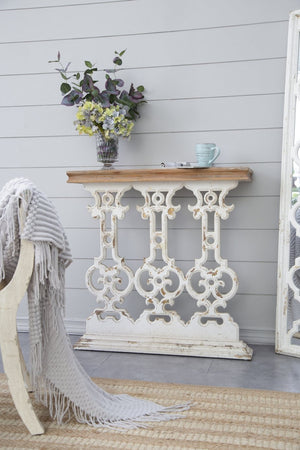English Elm 32" Whitewashed Iron Scrollwork Console Table Warm Fir Top Narrow Entryway Accent W2078141935