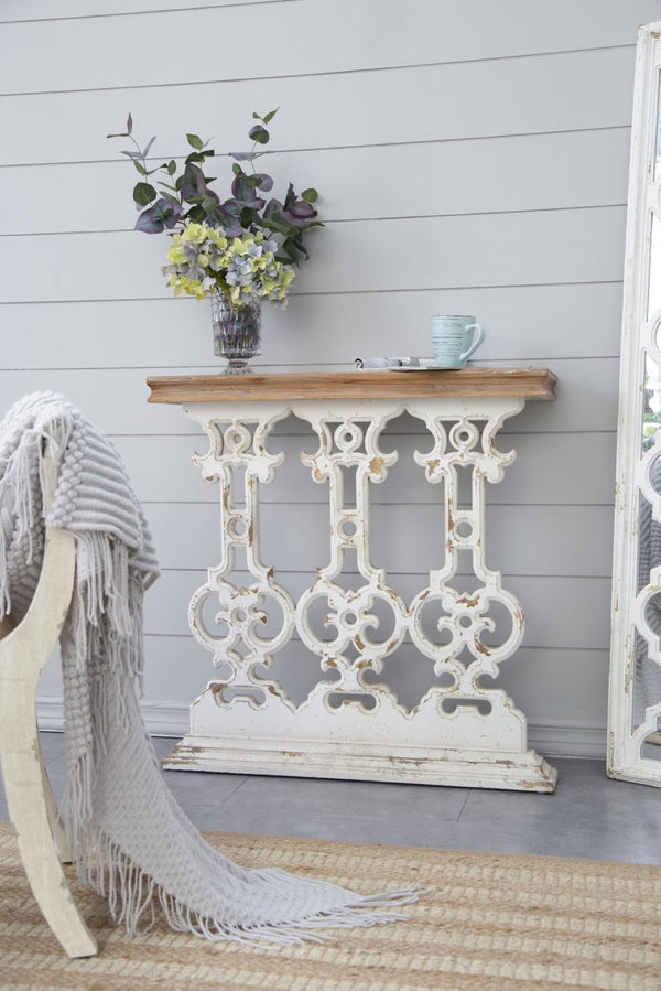 English Elm 32" Whitewashed Iron Scrollwork Console Table Warm Fir Top Narrow Entryway Accent W2078141935