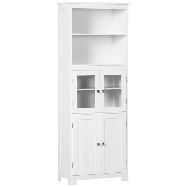 English Elm 63" Small Buffet with Hutch – Compact 4-Door Pantry Cabinet, Adjustable Shelves, Anti-Tip, White MDF Chic W2225142081
