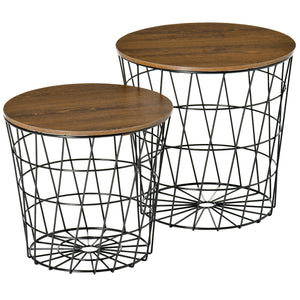 English Elm End Tables Set of 2 Nesting with Removable Tray Tops & Hidden Storage, Round Metal Accent Tables (Black) W2225142092