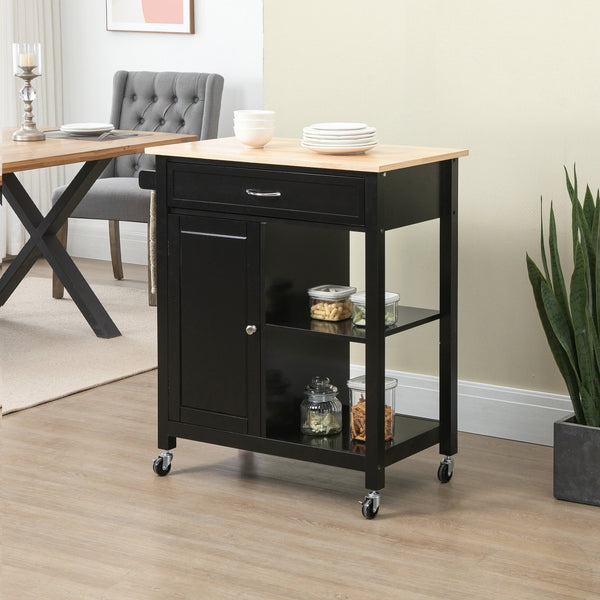 English Elm Kitchen Island Cart with Solid Wood Top, Rolling Storage Cabinet, Drawer, Towel Rack & Wheels for Dining Black W2225142064