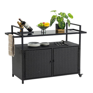 English Elm Outdoor Wicker Bar Cart with Glass Top — Rolling Rattan Beverage Trolley, Weatherproof Patio Server, Black W640140573