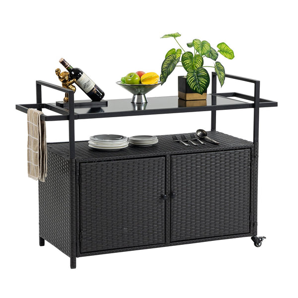 English Elm Outdoor Wicker Bar Cart with Glass Top — Rolling Rattan Beverage Trolley, Weatherproof Patio Server, Black W640140573