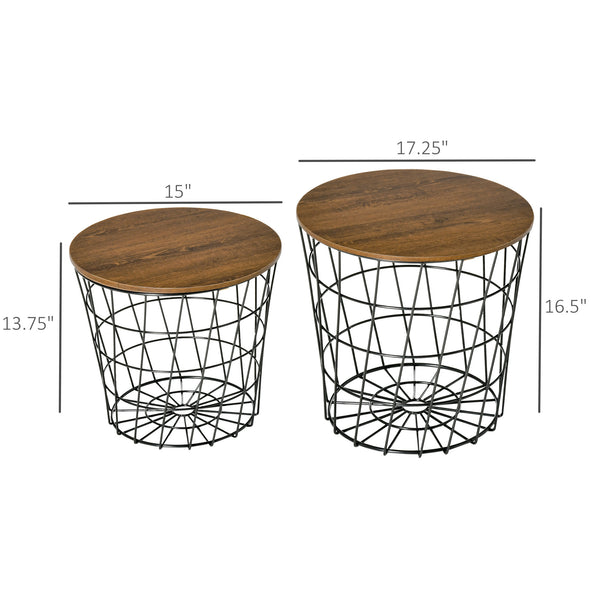 English Elm End Tables Set of 2 Nesting with Removable Tray Tops & Hidden Storage, Round Metal Accent Tables (Black) W2225142092