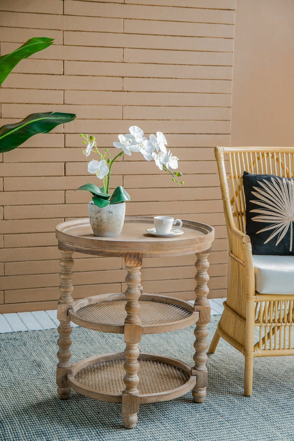 English Elm D23.5 Round Three Tier Side Table Woven Rattan Shelves Fir Wood Farmhouse Brown W2078141934