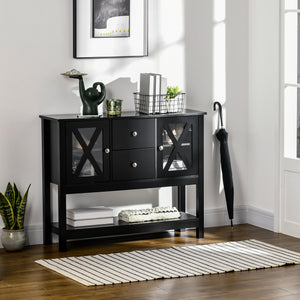 English Elm Coffee Bar Cabinet with Tempered Glass X-Door, Farmhouse Sideboard Buffet with Drawers & Adjustable Shelf Black W2225142082