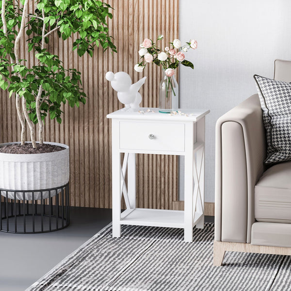 English Elm Side Table Farmhouse End Table with X-Frame, Drawer & Open Shelf Storage, Durable Engineered Wood Design White W2225142074