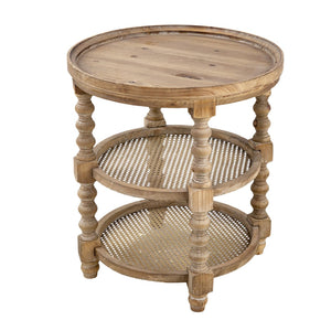 English Elm D23.5 Round Three Tier Side Table Woven Rattan Shelves Fir Wood Farmhouse Brown W2078141934