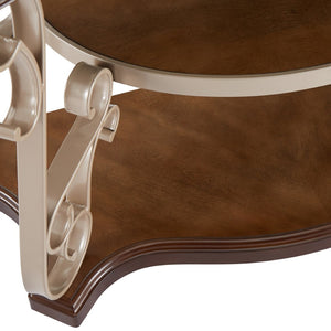 English Elm End Table with Marble Effect Top Birch Shelf and Ornate Serpentine Metal Legs W1708135330